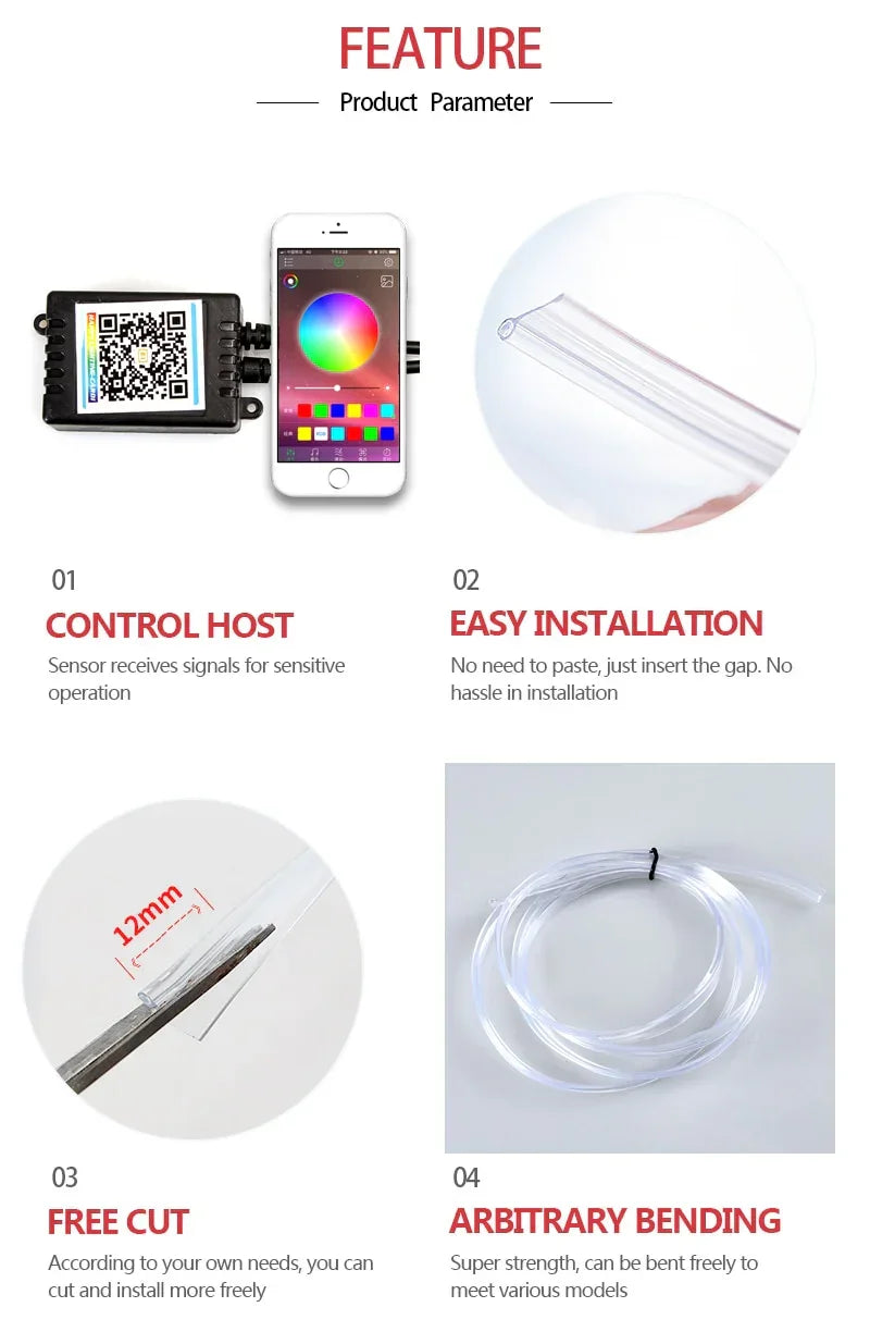 RGB LED strip with app control, easy install, 12mm cuttable, flexible for car styling