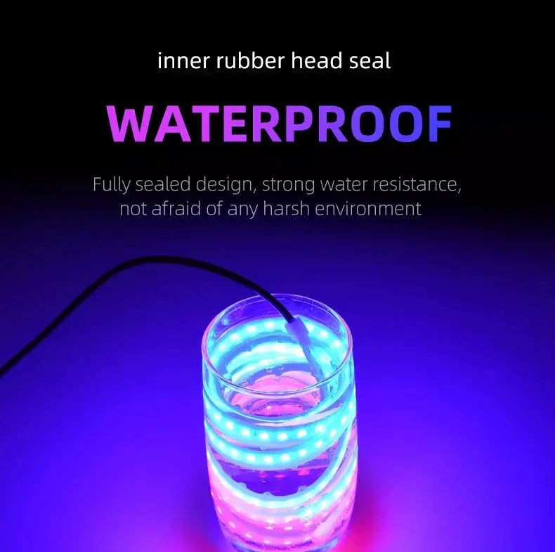 Waterproof LED strip light glowing in water, ideal for car interiors and harsh environments