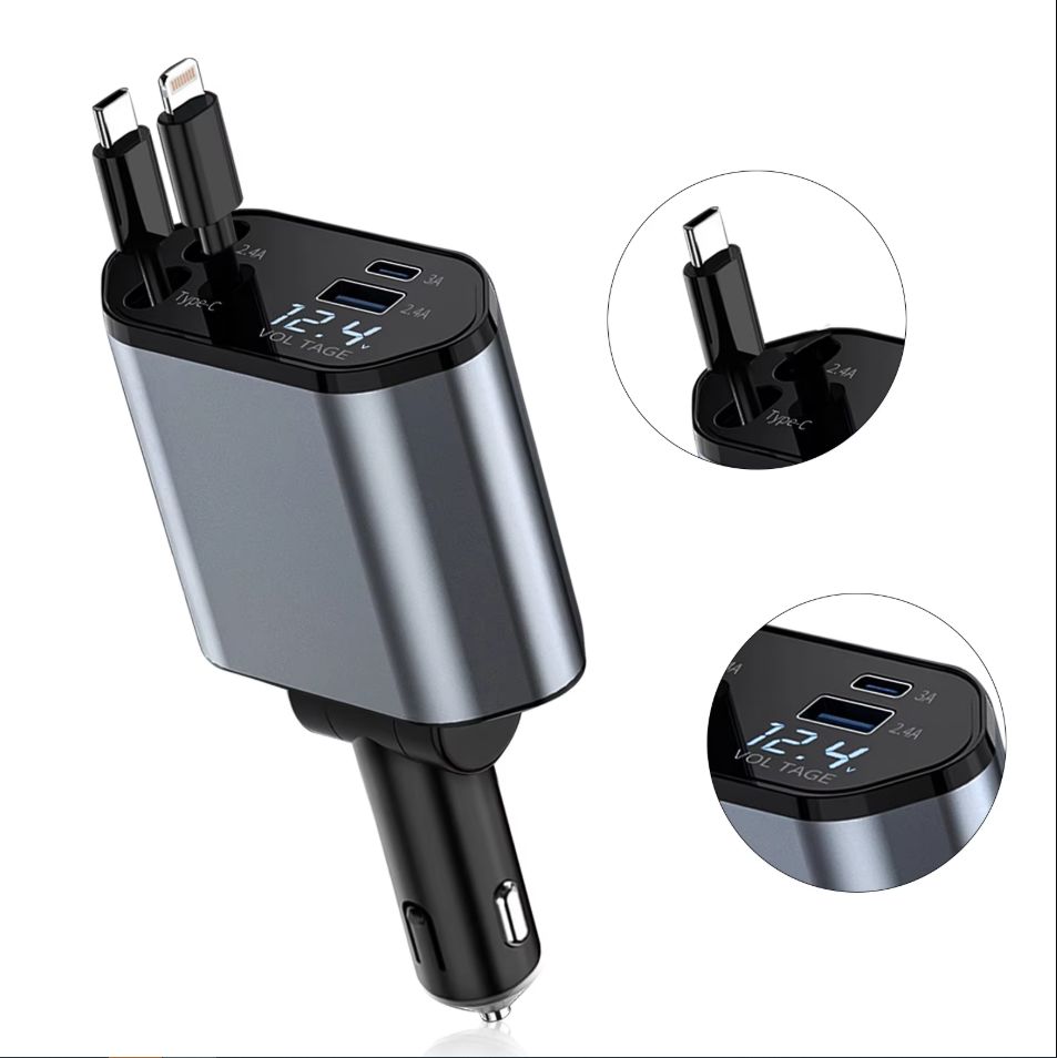 4-in-1 45W Fast Car Charger – USB & Type-C | Built-in iOS + Android Cable | CrazzyCars.pk