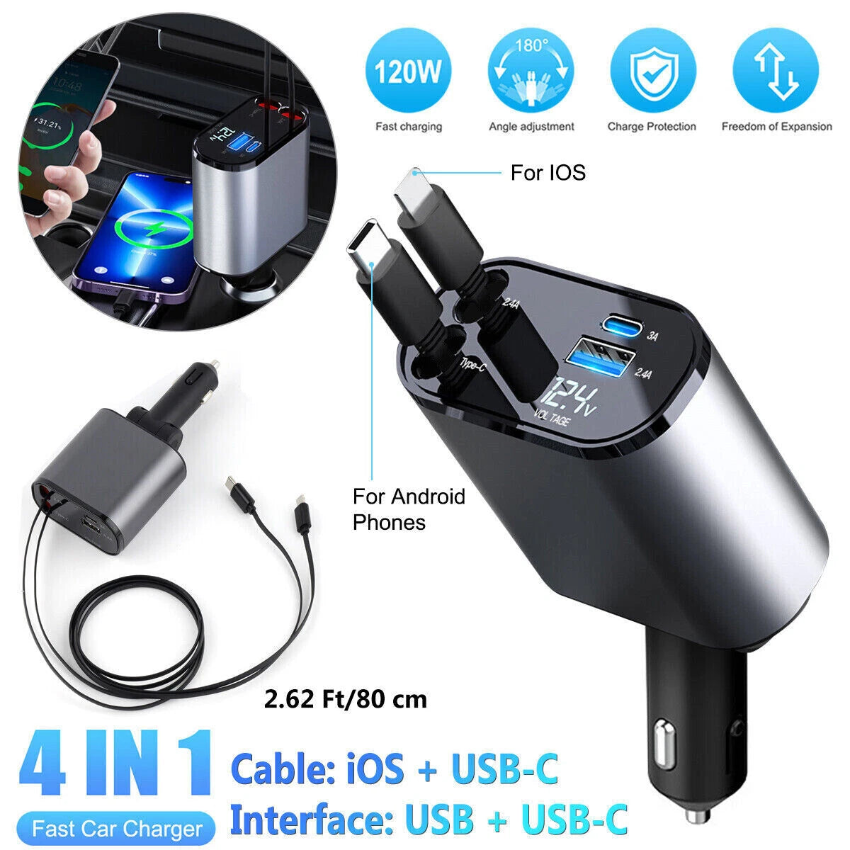 4-in-1 45W Fast Car Charger – USB & Type-C | Built-in iOS + Android Cable | CrazzyCars.pk