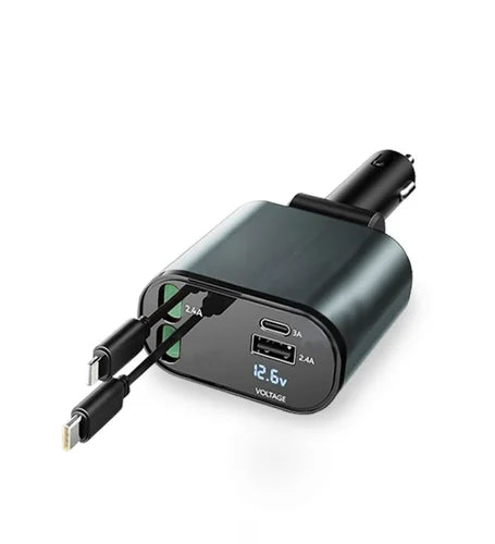 4-in-1 45W Fast Car Charger – USB & Type-C | Built-in iOS + Android Cable | CrazzyCars.pk