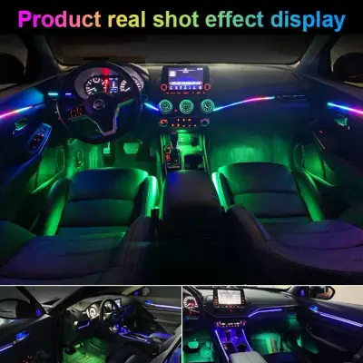 RGB LED interior car lights with colorful ambient glow for dashboard, doors, and footwells