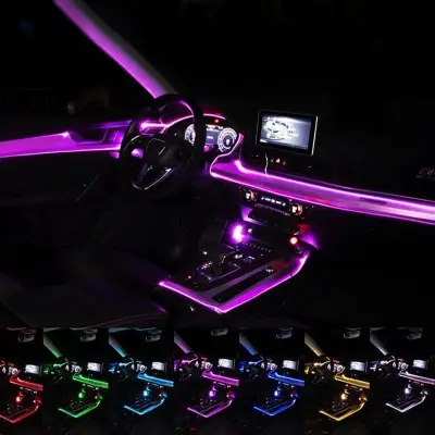Purple LED interior car lights with multi-color options for dashboard, doors, and footwell