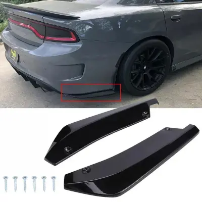 Black rear bumper diffuser lip spoiler for Dodge Charger, shown installed and as standalone parts with screws