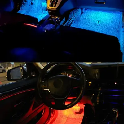 Purple LED interior lighting kit installed in car, illuminating door panels and footwell for stylish ambiance.