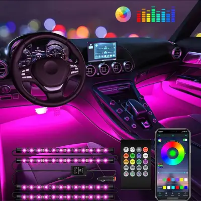 Installable LED car interior light strips with remote control, adhesive mounting, and hidden wiring for sleek illumination