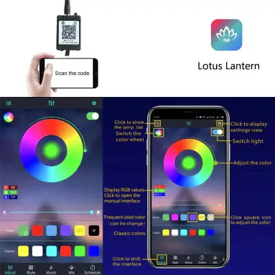 Smart RGB LED controller with app color wheel, scan QR to control lights via Lotus Lantern app