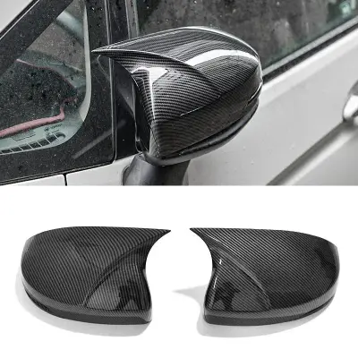 Carbon fiber mirror covers for car side mirrors, sleek black finish, fits Honda Toyota Suzuki Hyundai