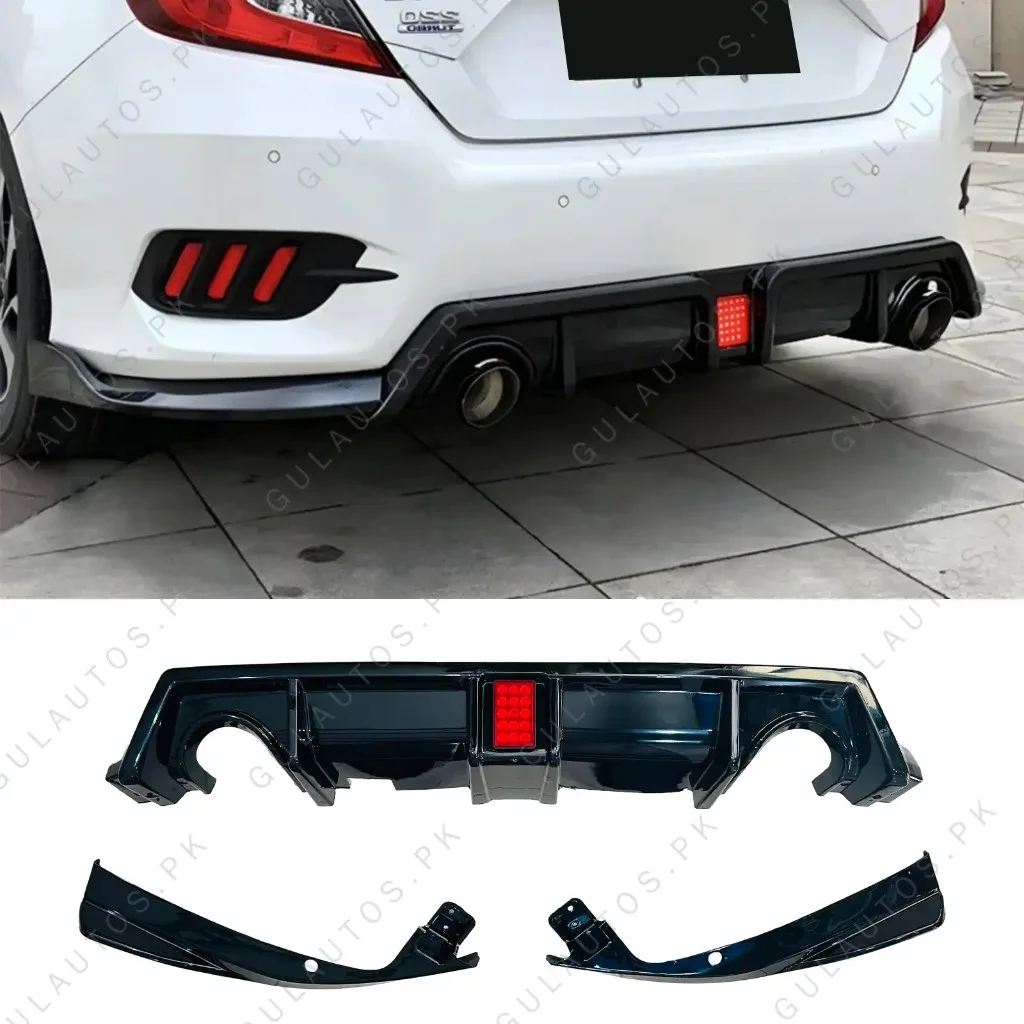Honda Civic X 2016-2021 Rear Bumper Diffuser Gloss Black with LED
